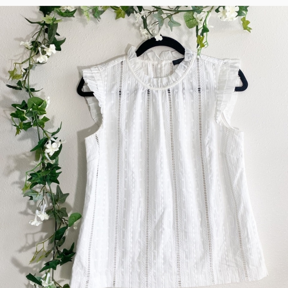 J. Crew White Eyelet Ruffle Neck Blouse